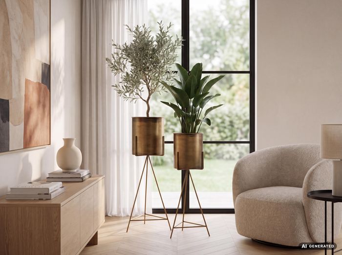 FineBuy Blumentopf 2er Set Metall Pflanzkübel Gold mit Gestell, Design Eisen-Pflanzenkübel Rund, Blumenkübel Pflanzgefäß Indoor Hoch