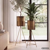 Blumentopf FineBuy Pflanzenkübel 2er Set Metall Gold Rund Pflanzgefäß Hoch Eisen – Ansicht 1