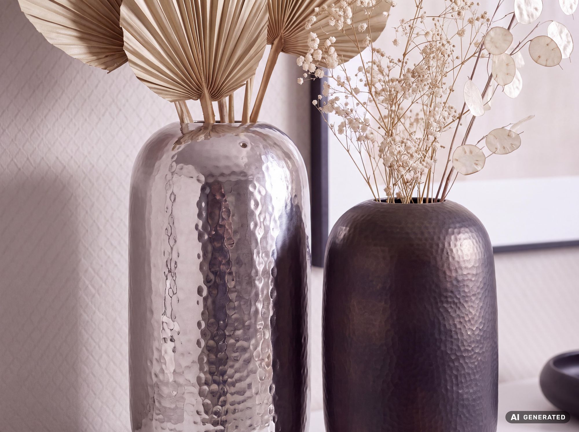 Vase 2er Set FineBuy Blumenvase Aluminium Hammerschlag Tischvase Modern Rund – Ansicht 4