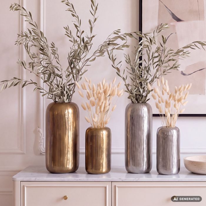 FineBuy Deko Vase 2er Set Aluminium Zylinder Blumenvase Modern, Dekovase Rund 2-teilig für Blumen, Alu Tischvase Wohndeko Metall Tischdeko Handgefertigt