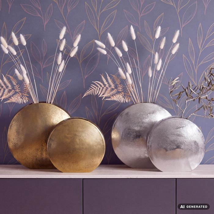 FineBuy Deko Vase 2er Set Aluminium Blumenvase Modern, Dekovase Rund 2-teilig für Blumen, Alu Tischvase Wohndeko Metall Tischdeko Handgefertigt