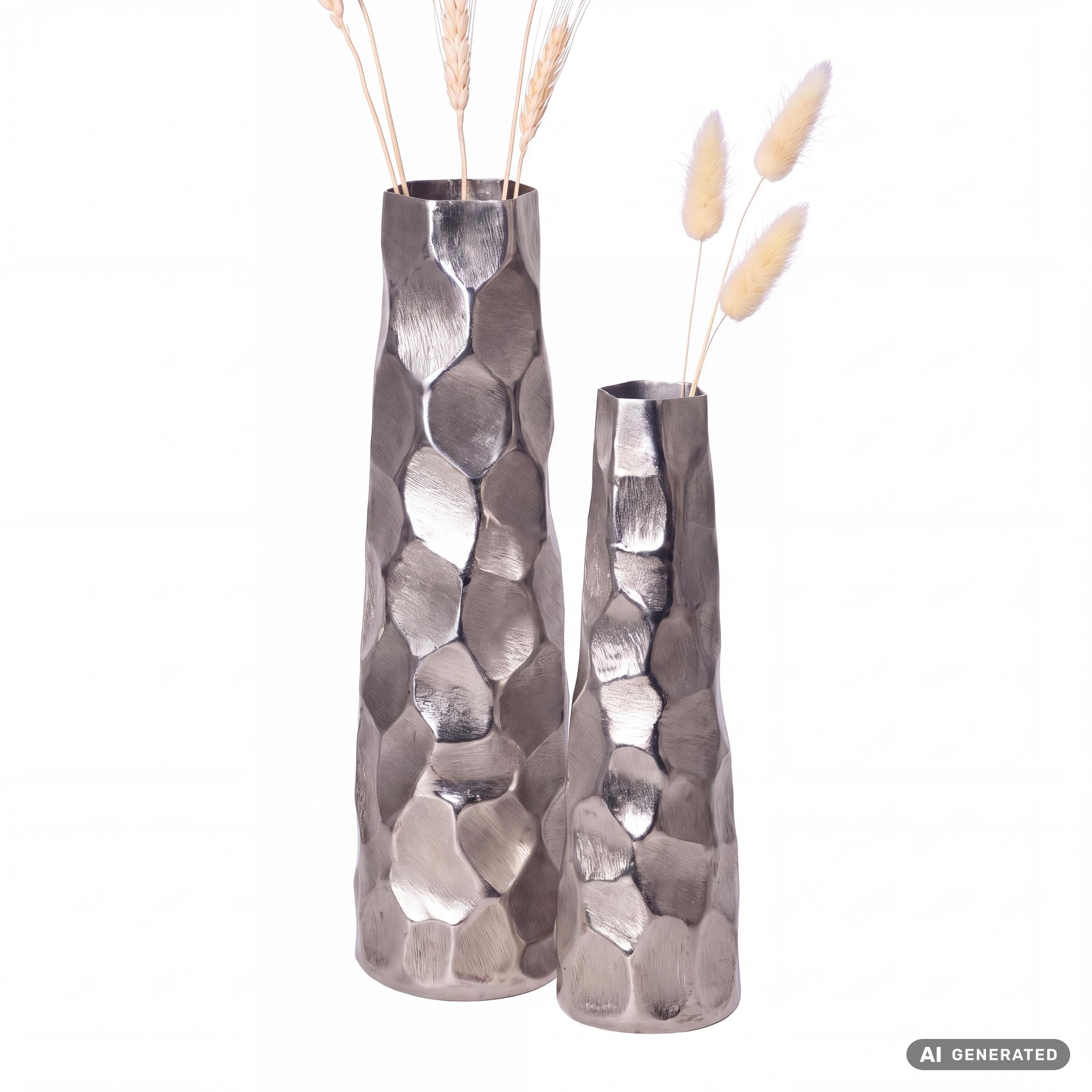 FineBuy Deko Vase 2er Set Aluminium Blumenvase Modern, Dekovase Hammerschlag-Design 2-teilig für Blumen, Alu Tischvase Wohndeko Metall Tischdeko Handgefertigt