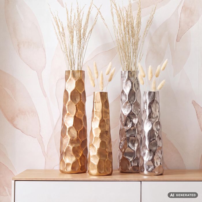 FineBuy Deko Vase 2er Set Aluminium Blumenvase Modern, Dekovase Hammerschlag-Design 2-teilig für Blumen, Alu Tischvase Wohndeko Metall Tischdeko Handgefertigt