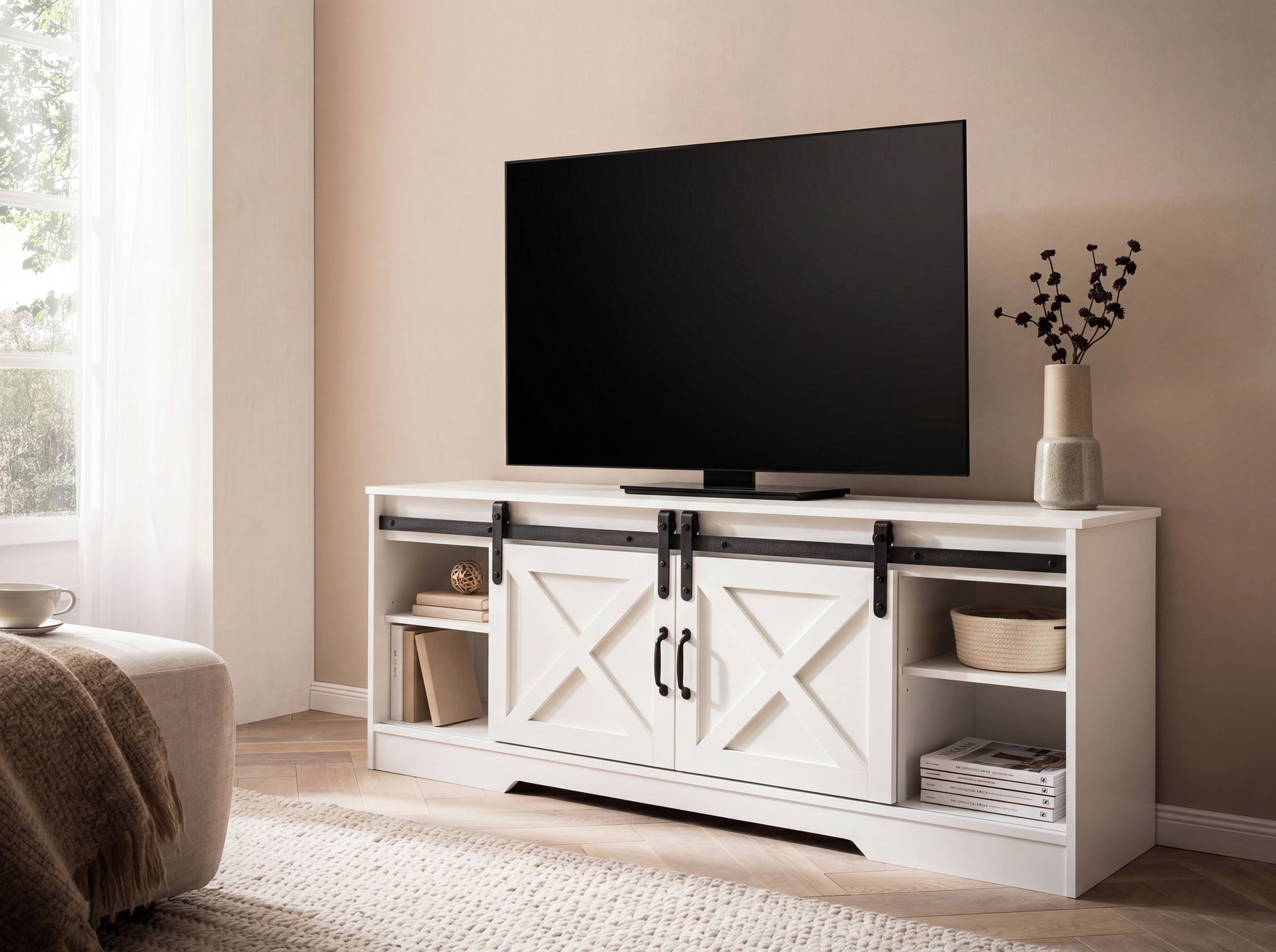Lowboard FineBuy Fernsehkommode 150 cm TV Schrank Fernsehschrank Weiß Landhaus – Ansicht 2