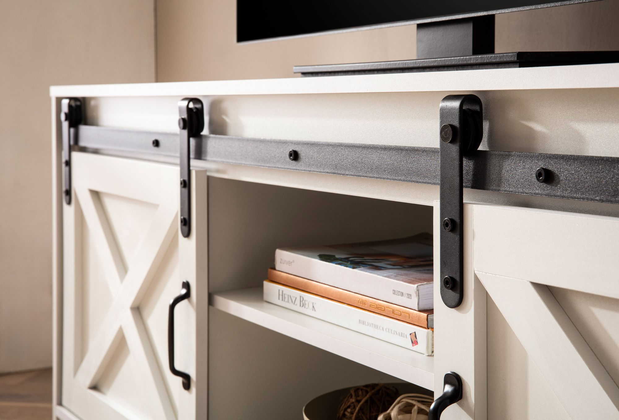 Lowboard FineBuy Fernsehkommode 150 cm TV Schrank Fernsehschrank Weiß Landhaus – Ansicht 4