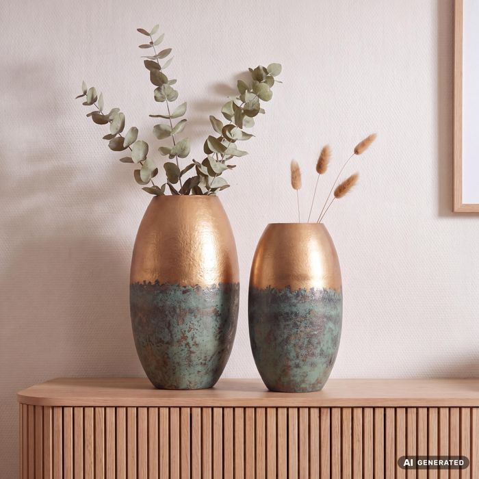 Vase 2er Set FineBuy Blumenvase Aluminium Gold Patina Tischvase Punziert Rund