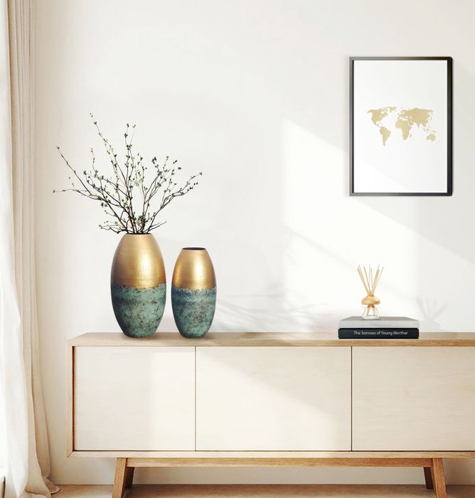 FineBuy Deko Vase 2er Set Aluminium Gold Patina Blumenvase Modern, Dekovase Punziert Rund 2-teilig für Blumen, Alu Tischvase Wohndeko Metall Tischdeko Handgefertigt