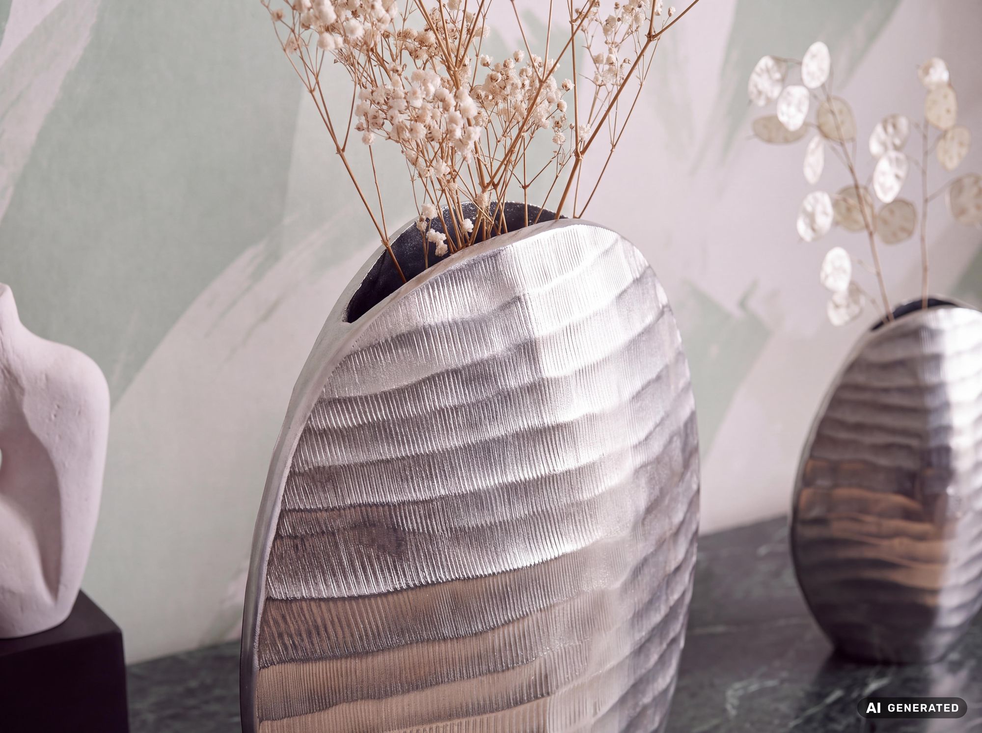 Vase 2er Set FineBuy Blumenvase Aluminium Tischvase Dekovase Rund Wellenmuster – Ansicht 5