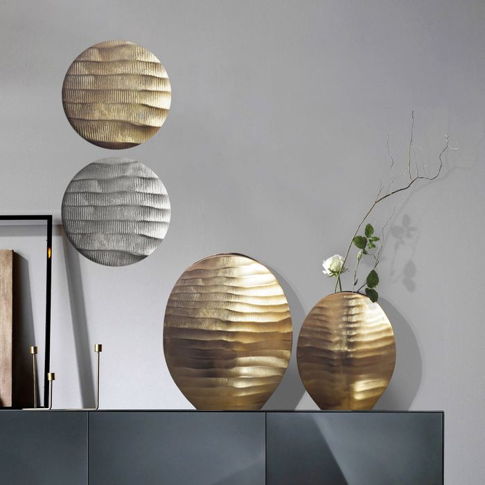 FineBuy Deko Vase 2er Set Aluminium Blumenvase Wellenmuster Modern, Dekovase Rund 2-teilig für Blumen, Alu Tischvase Wohndeko Metall Tischdeko Handgefertigt