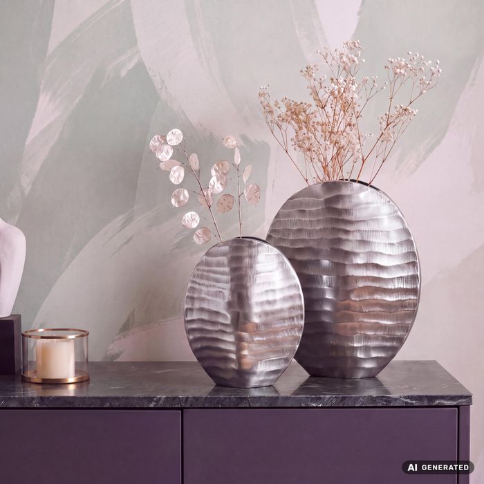 Vase 2er Set FineBuy Blumenvase Aluminium Tischvase Dekovase Rund Wellenmuster