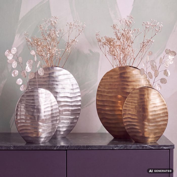 FineBuy Deko Vase 2er Set Aluminium Blumenvase Wellenmuster Modern, Dekovase Rund 2-teilig für Blumen, Alu Tischvase Wohndeko Metall Tischdeko Handgefertigt