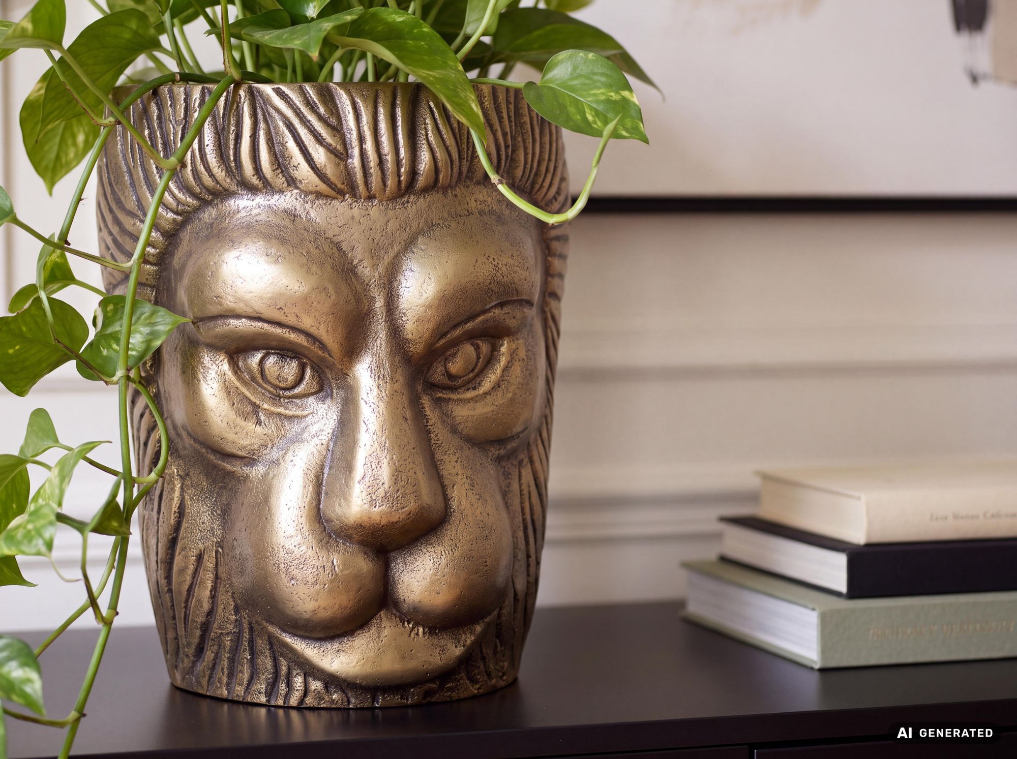 Vase FineBuy Blumenvase Löwenkopf 21 cm Aluminium Gold Tischvase Wohndeko Rund – Ansicht 7