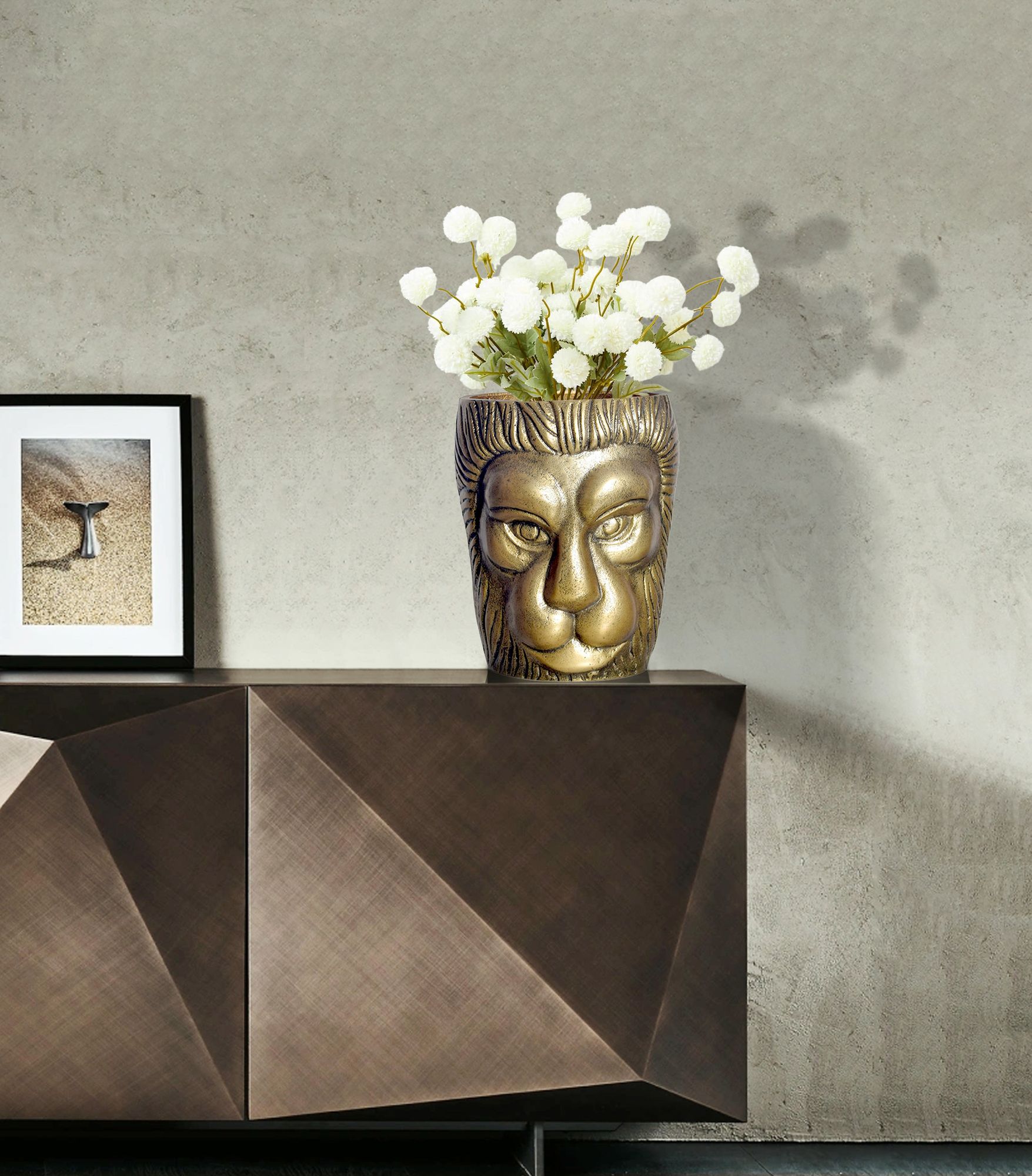 Vase FineBuy Blumenvase Löwenkopf 21 cm Aluminium Gold Tischvase Wohndeko Rund – Ansicht 2