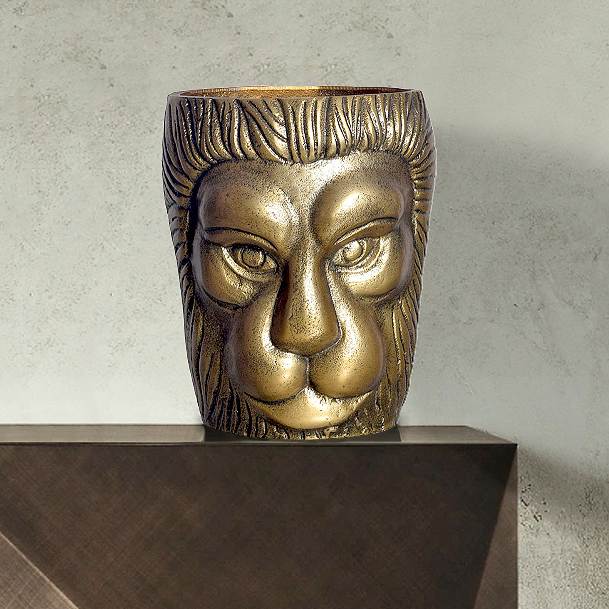 Vase FineBuy Blumenvase Löwenkopf 21 cm Aluminium Gold Tischvase Wohndeko Rund – Ansicht 1