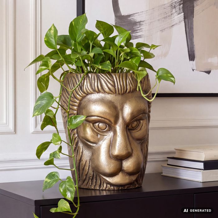 Vase FineBuy Blumenvase Löwenkopf 21 cm Aluminium Gold Tischvase Wohndeko Rund