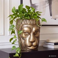 Vase FineBuy Blumenvase Löwenkopf 21 cm Aluminium Gold Tischvase Wohndeko Rund – Ansicht 1