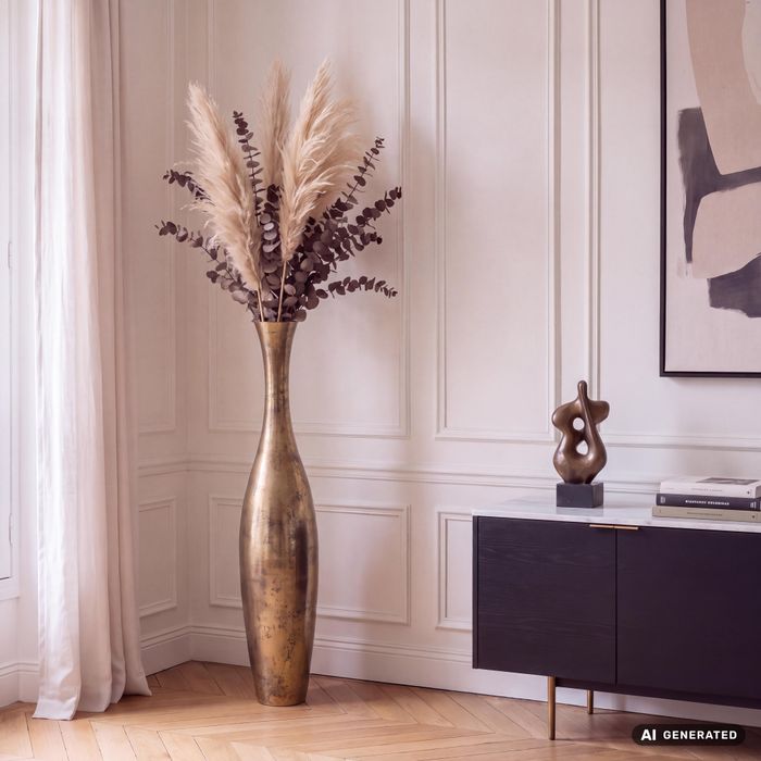 FineBuy Deko Vase Aluminium Gold Blumenvase Modern Groß, Dekovase Extravagant für Blumen, XXL Alu Bodenvase Metall Wohndeko Handgefertigt