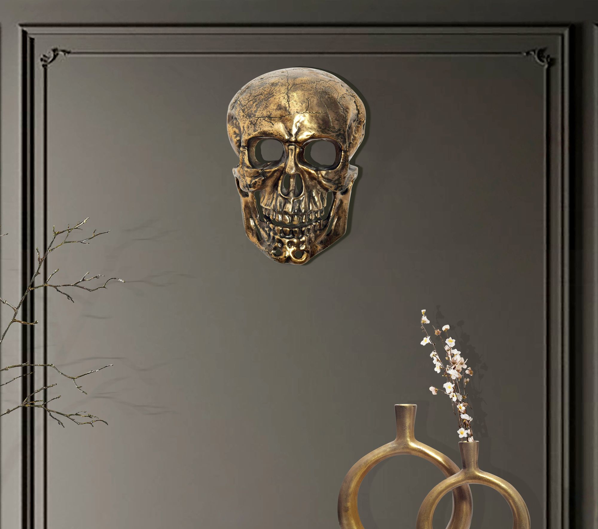 FineBuy Wanddeko Totenkopf Aluminium 41 cm Schädel Groß, Design Wanddekoration Metall Deko Alu Modern, Wohndeko Skull, Wandskulptur Dekoration Wohnaccessoire | Farbe: Gold