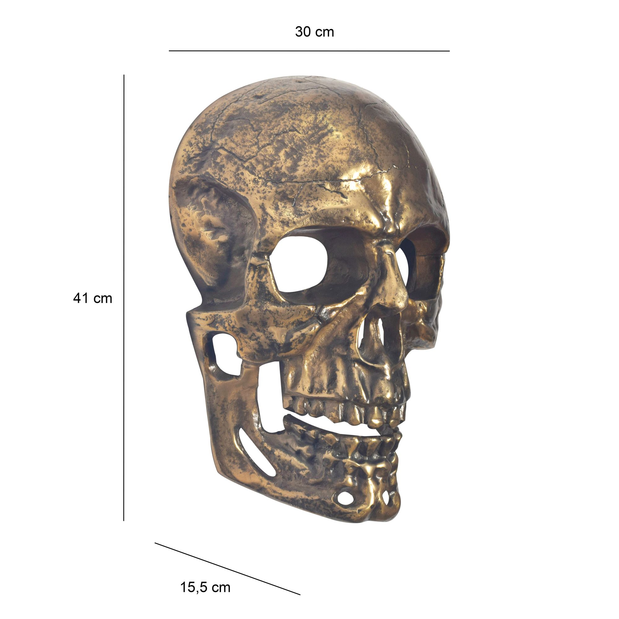 FineBuy Wanddeko Totenkopf Aluminium 41 cm Schädel Groß, Design Wanddekoration Metall Deko Alu Modern, Wohndeko Skull, Wandskulptur Dekoration Wohnaccessoire | Farbe: Gold