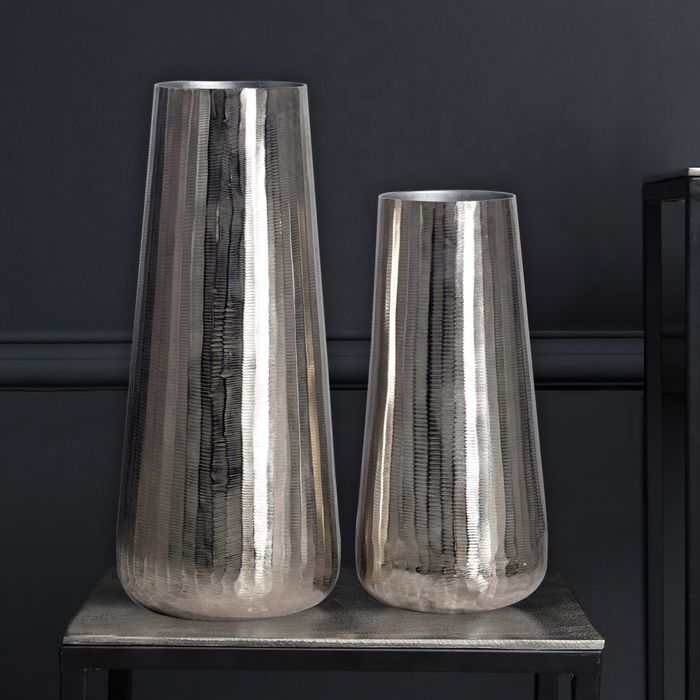 FineBuy Deko Vase 2er Set Aluminium Silber Rund Blumenvase Modern, Dekovase 2-teilig für Blumen, Alu Tischvase Wohndeko Metall Tischdeko Handgefertigt