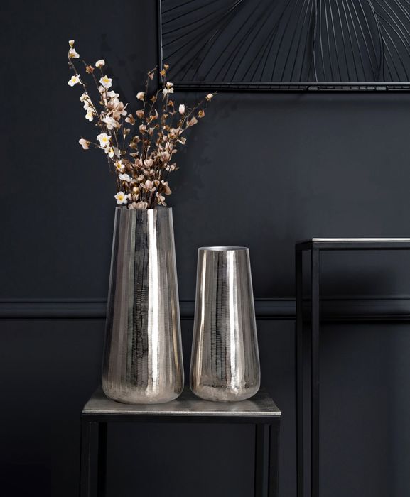 FineBuy Deko Vase 2er Set Aluminium Silber Rund Blumenvase Modern, Dekovase 2-teilig für Blumen, Alu Tischvase Wohndeko Metall Tischdeko Handgefertigt