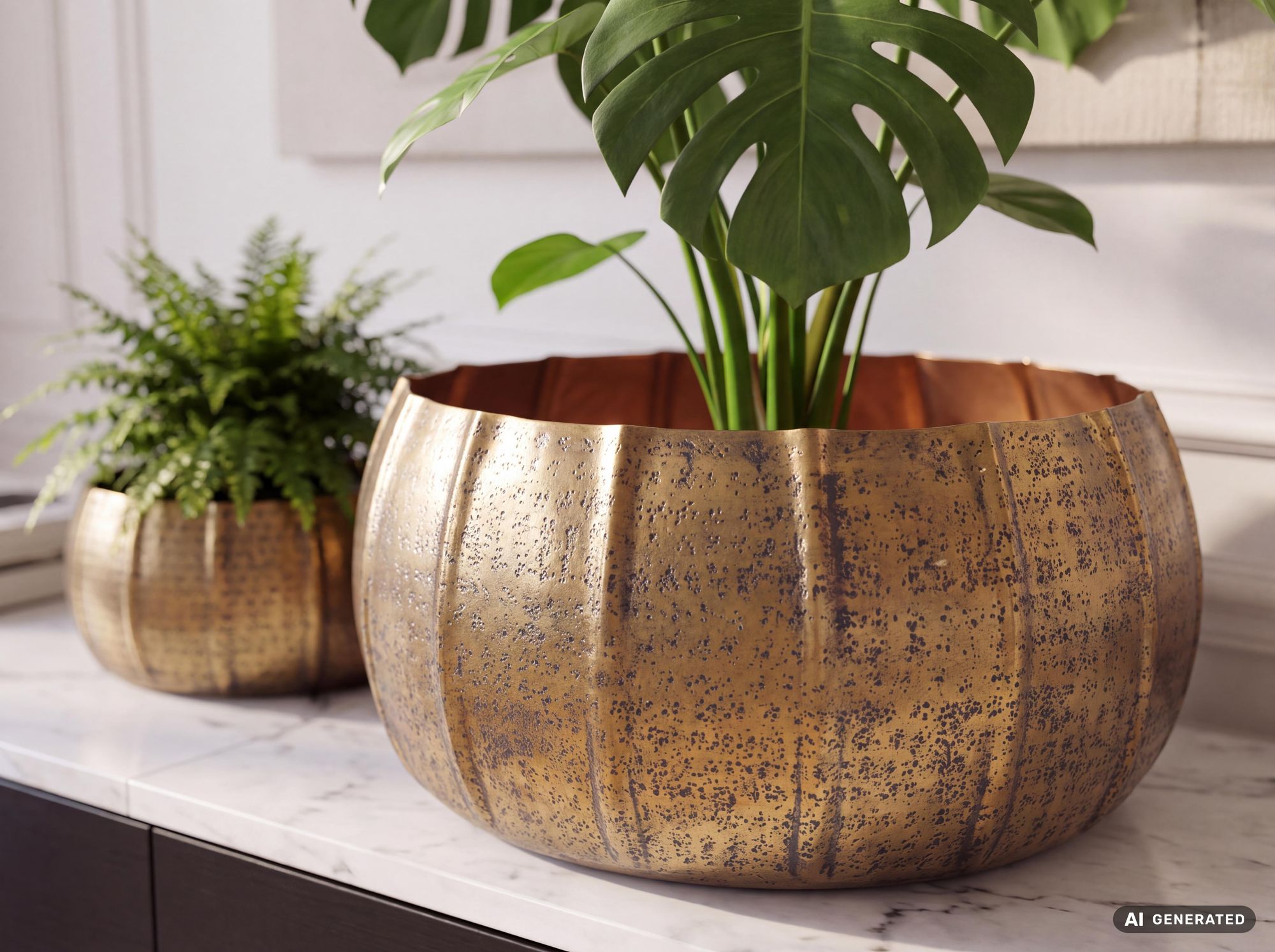 Pflanzgefäß 2er Set FineBuy Metall Schale Deko Blumentopf Rund Hammerschlag