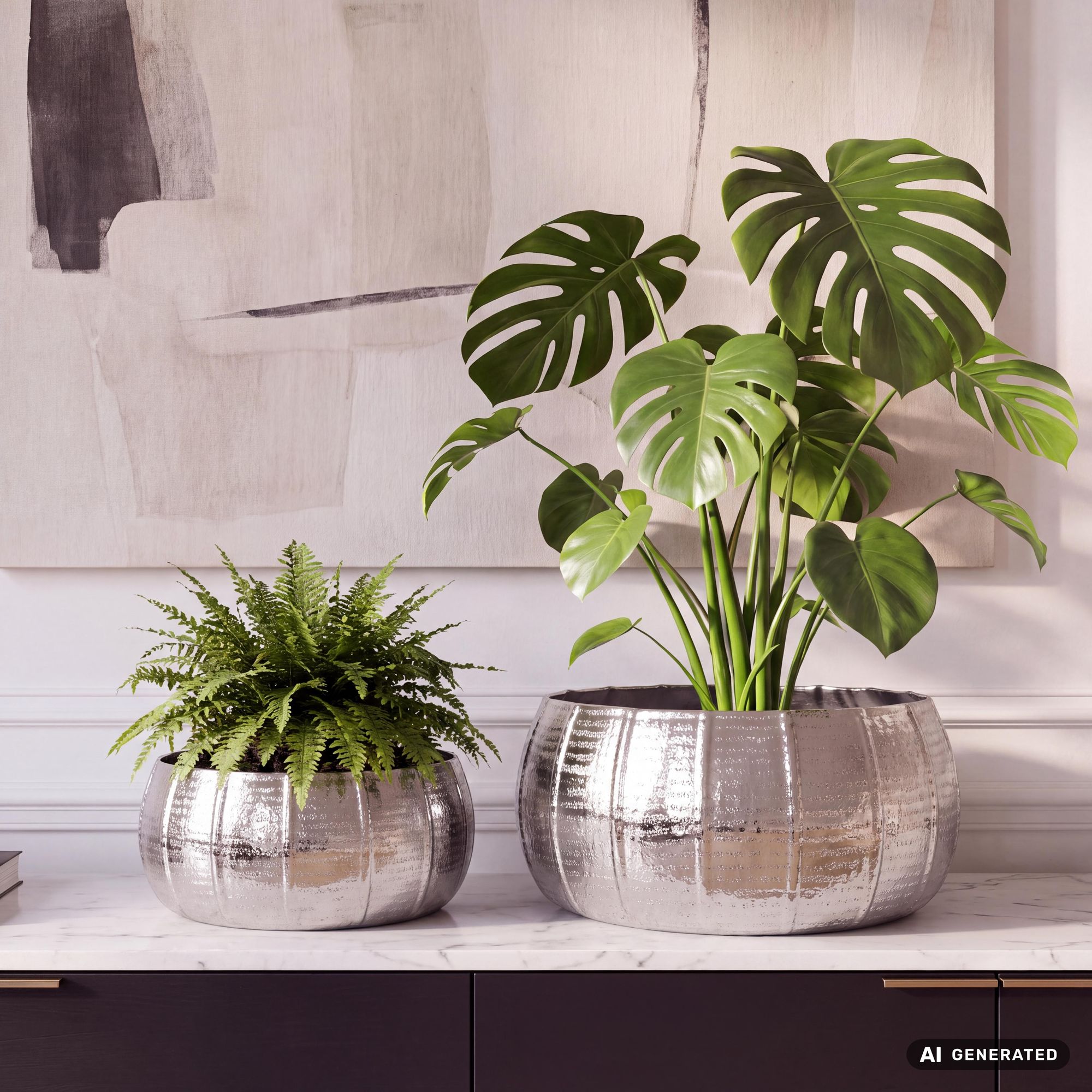 Pflanzgefäß 2er Set FineBuy Metall Schale Deko Blumentopf Rund Hammerschlag – Ansicht 1