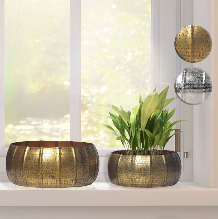 FineBuy Pflanzgefäß 2er Set Metall Pflanzkübel, Design Pflanzenkübel Aluminium Rund Indoor, Blumenkübel Pflanzschale 2-teilig Punziert