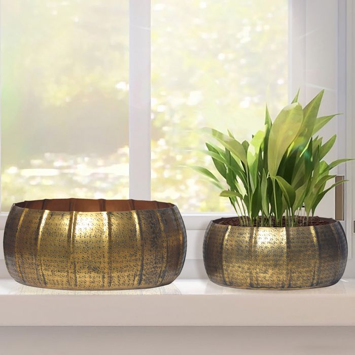 Pflanzgefäß 2er Set FineBuy Metall Schale Deko Blumentopf Rund Hammerschlag