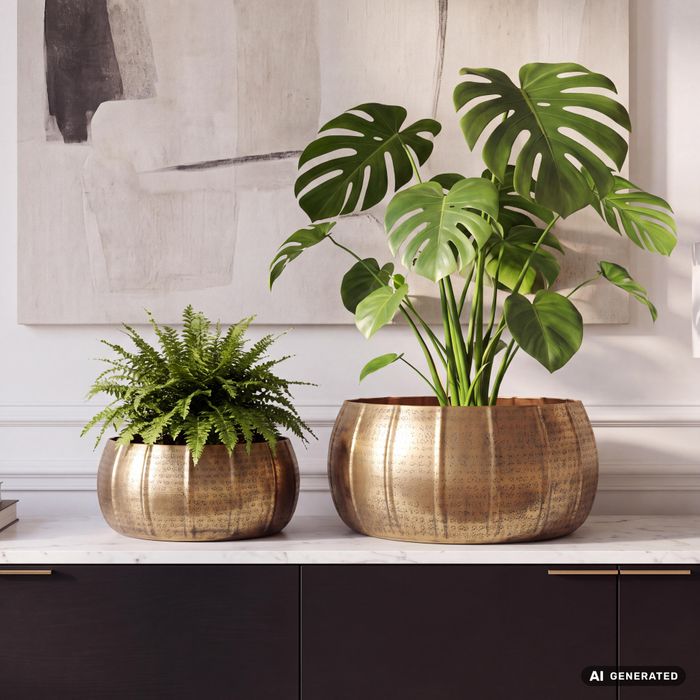 Pflanzgefäß 2er Set FineBuy Metall Schale Deko Blumentopf Rund Hammerschlag