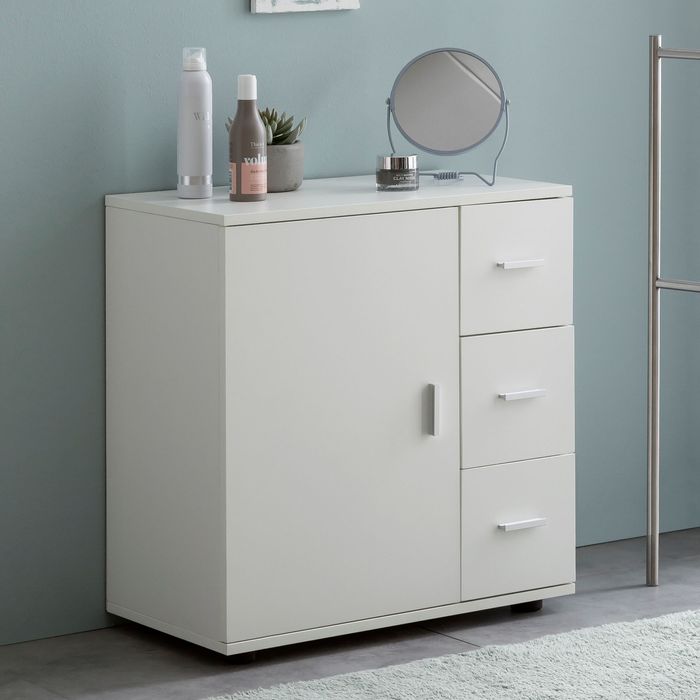 FineBuy Badschrank FB52416 Weiß 60x65,5x33 cm Midi-Schrank mit Tür & Schubladen, Kleiner Beistellschrank Matt, Badregal Schmal Freistehend Badezimmerkommode, Badmöbel Badezimmermöbel