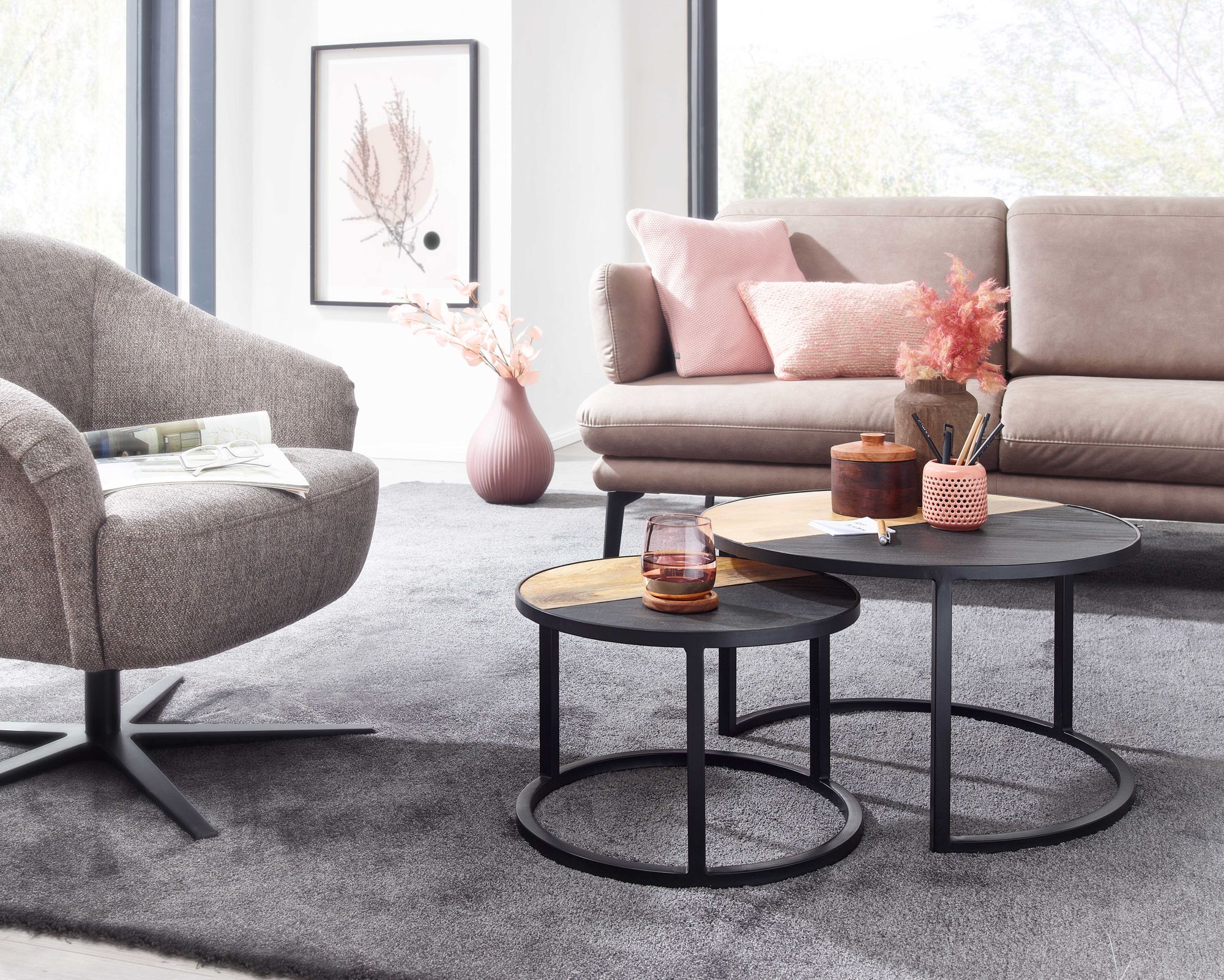 FineBuy Couchtisch Set 2er rund Mango Massivholz & Steinoptik · Wohnzimmertisch Beistelltisch mit Metallgestell Schwarz · Satztische im Industrial Loft Design | Farbe: Schwarz FineBuy Couchtisch Set 2er rund Mango Massivholz & Steinoptik · Wohnzimmertisch Beistelltisch mit Metallgestell Schwarz · Satztische im Industrial Loft Design | Farbe: Schwarz