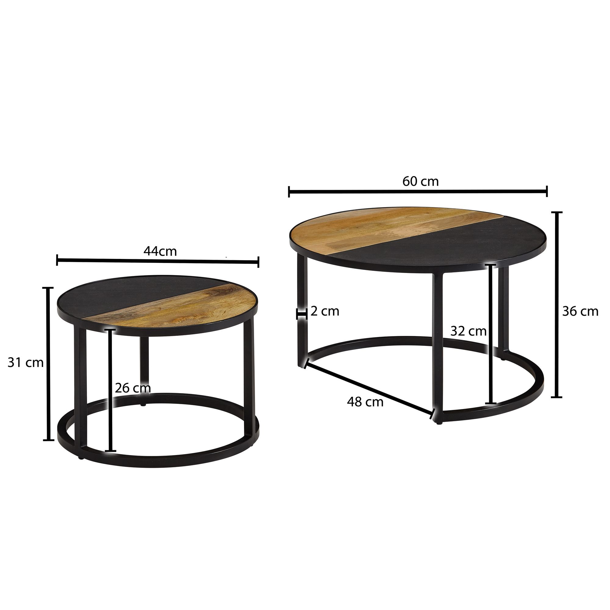 FineBuy Couchtisch Set 2er rund Mango Massivholz & Steinoptik · Wohnzimmertisch Beistelltisch mit Metallgestell Schwarz · Satztische im Industrial Loft Design | Farbe: Schwarz FineBuy Couchtisch Set 2er rund Mango Massivholz & Steinoptik · Wohnzimmertisch Beistelltisch mit Metallgestell Schwarz · Satztische im Industrial Loft Design | Farbe: Schwarz