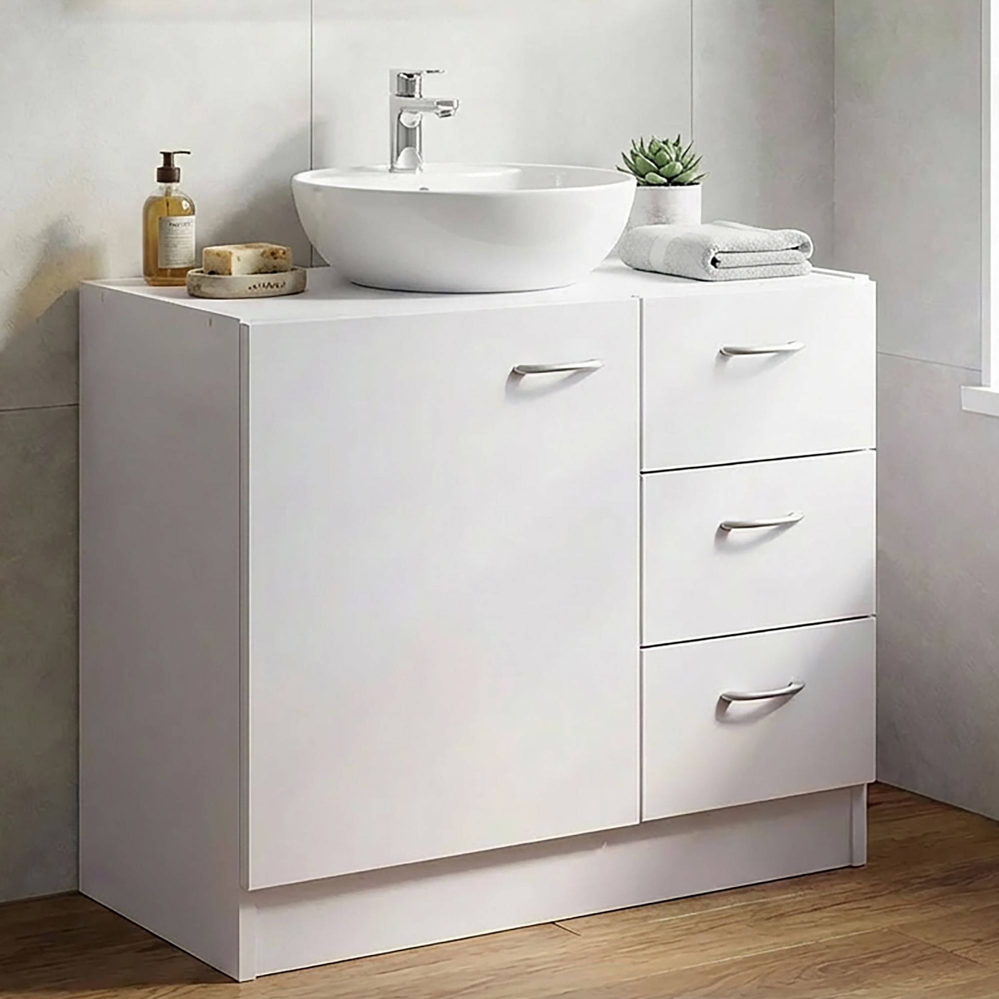 FineBuy Waschbecken-Unterschrank 54 x 63 x 30 cm weiß mit 1 Tür und 3 Schubladen, Unterstellschrank Bad mit Siphonausschnitt, Bad-Schrank klein Waschbecken