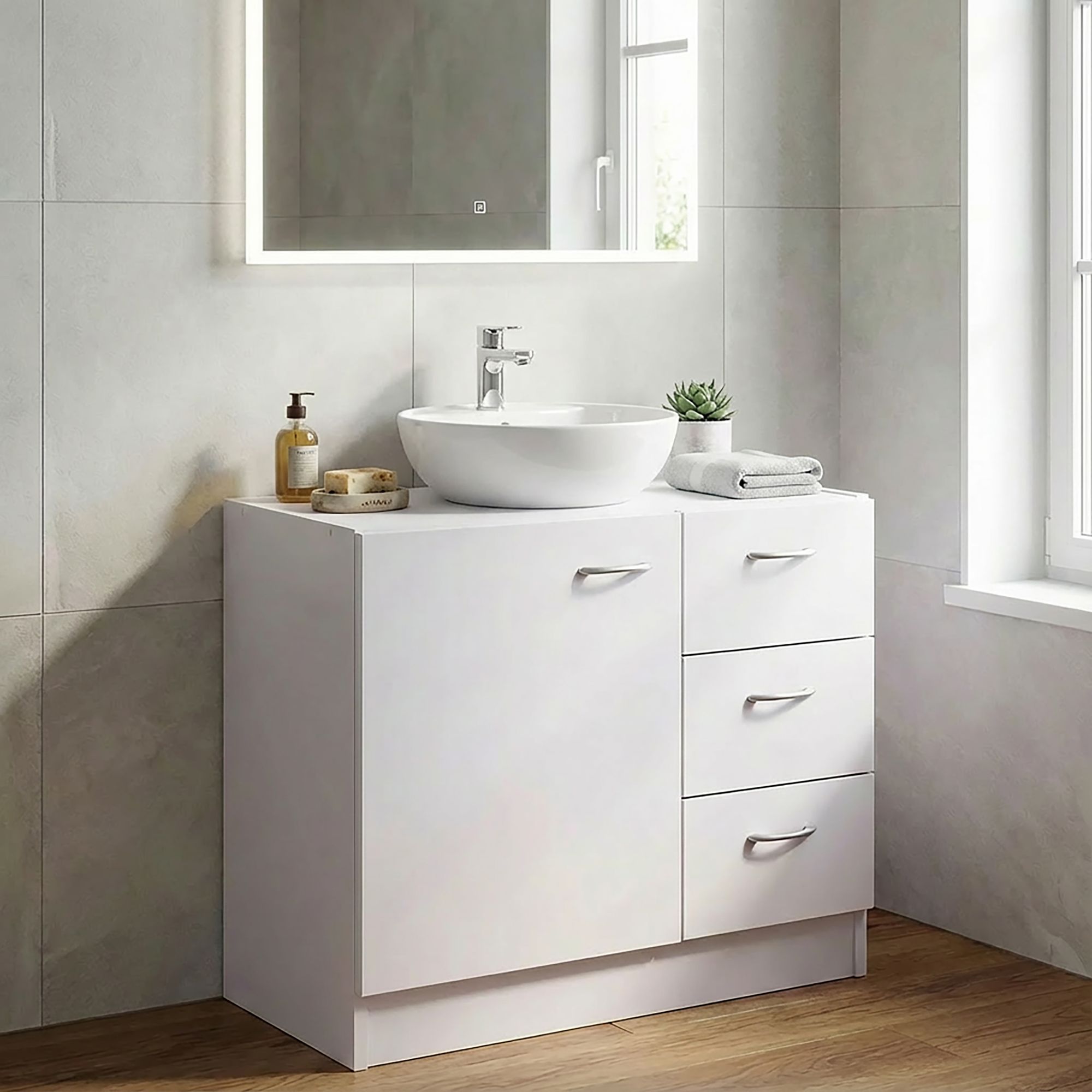 FineBuy Bad Waschbecken Unterschrank 54 x 63 x 30 cm 1 Tür 3 Schubladen weiß – Ansicht 2