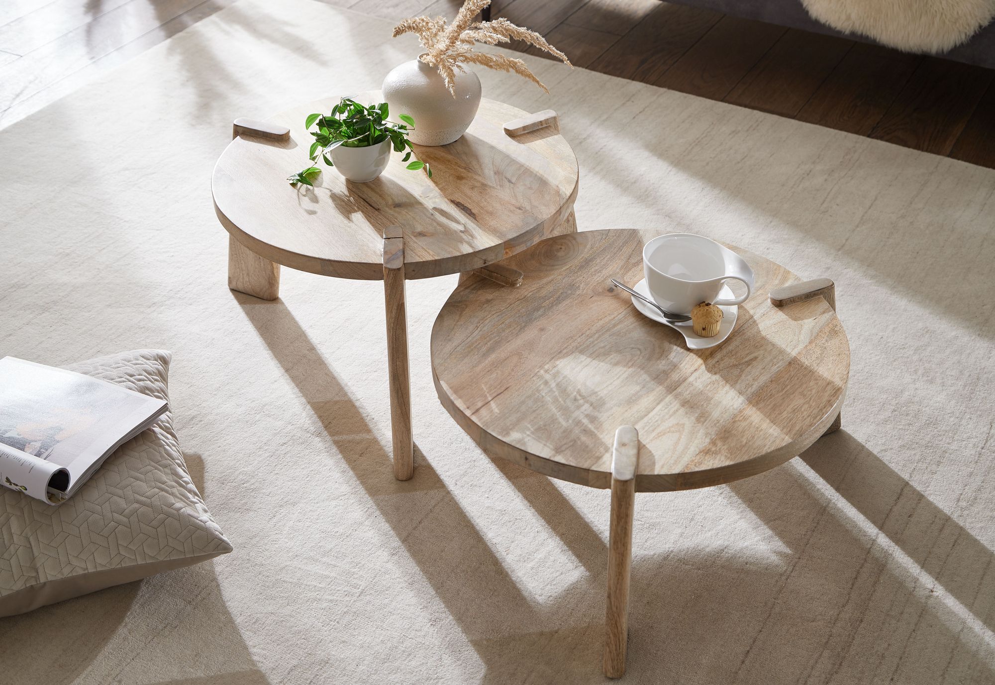 Couchtisch Set 2er Massivholz rund Wohnzimmertisch Beistelltisch Satztische – Ansicht 5