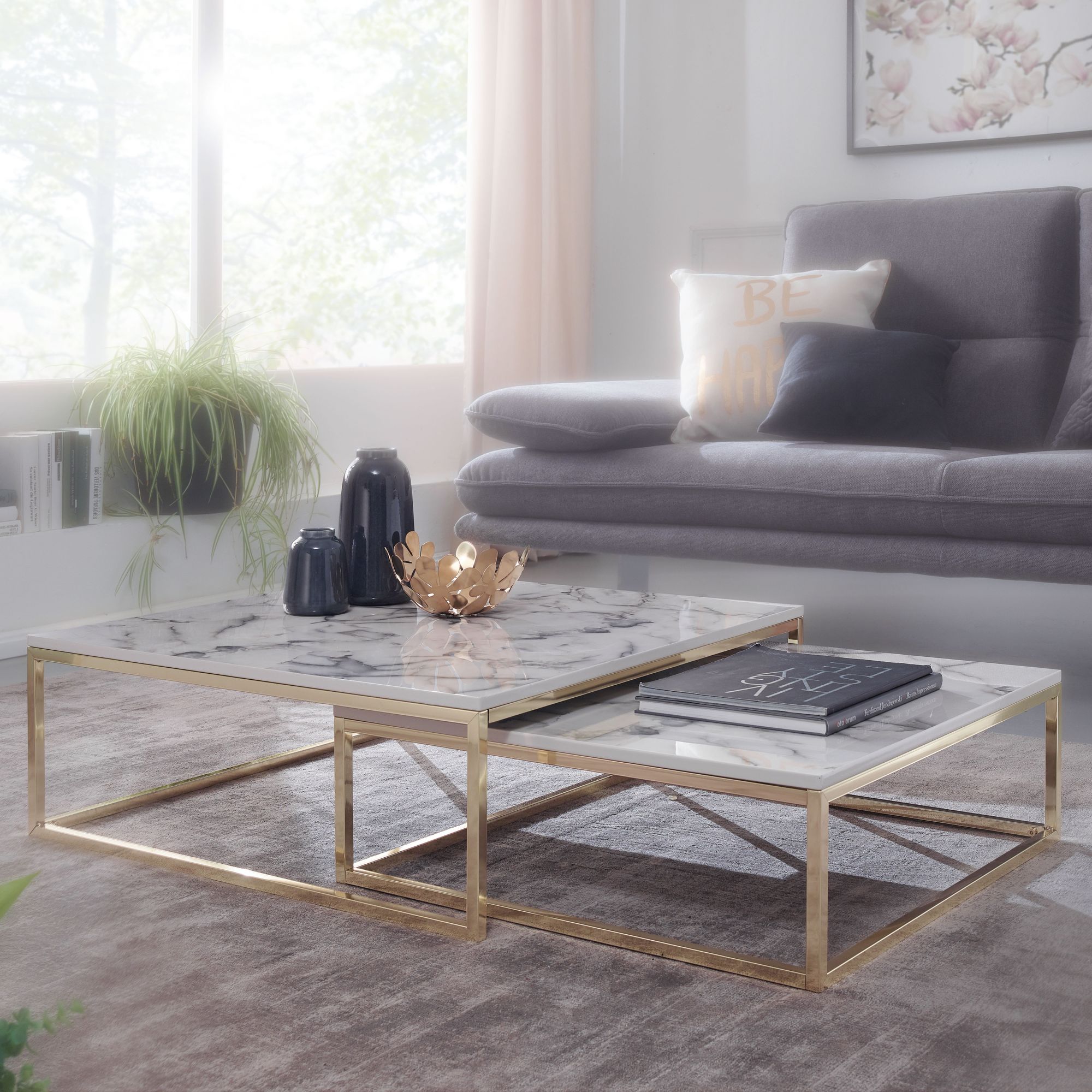 Couchtisch 2er Set FineBuy Satztisch Weiß Marmor Optik Modern Metallgestell – Ansicht 1
