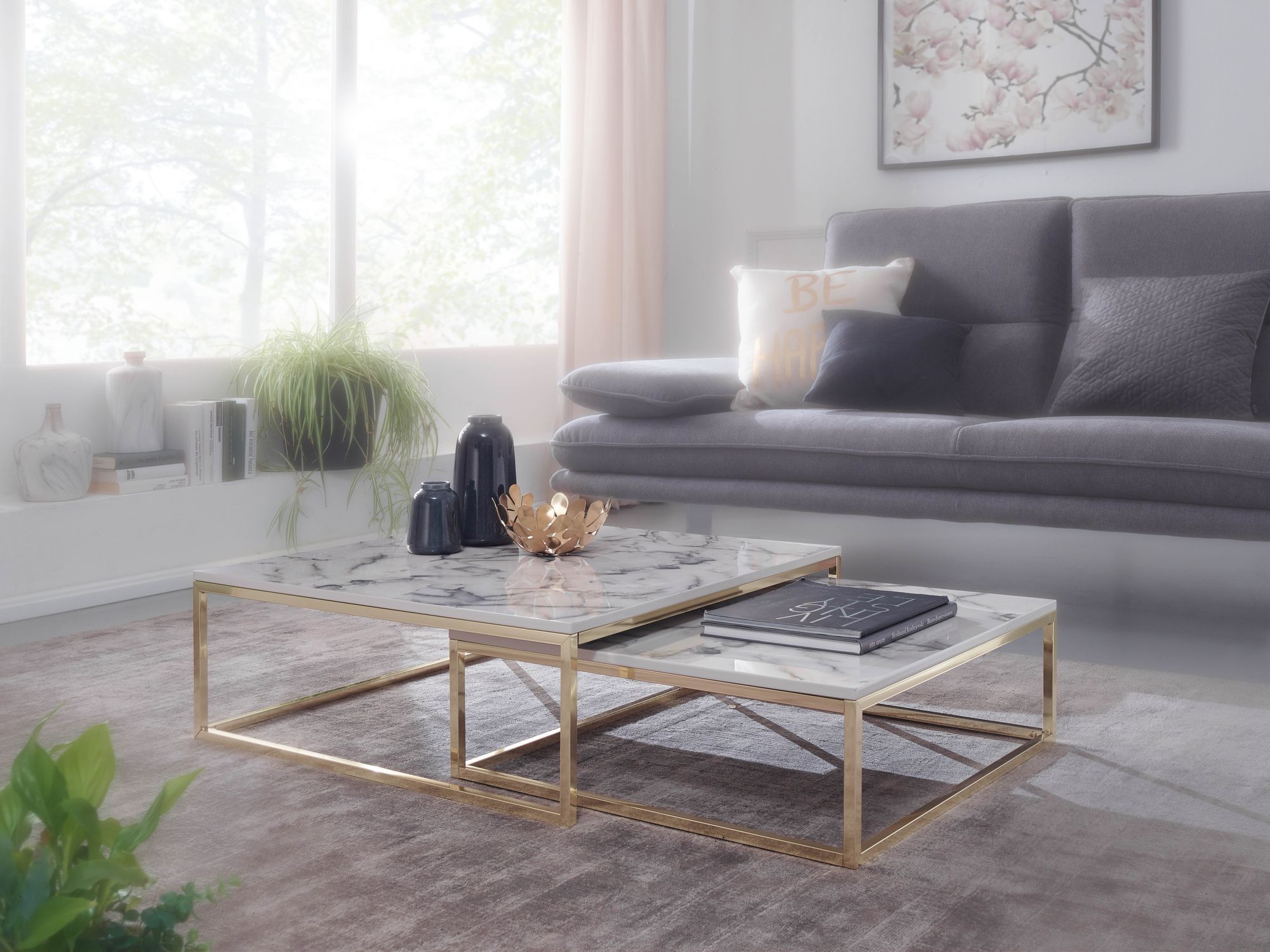 Couchtisch 2er Set FineBuy Satztisch Weiß Marmor Optik Modern Metallgestell – Ansicht 2
