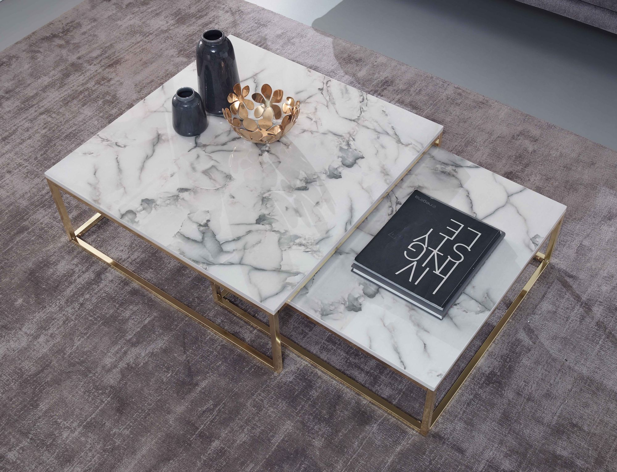 Couchtisch 2er Set FineBuy Satztisch Weiß Marmor Optik Modern Metallgestell – Ansicht 4