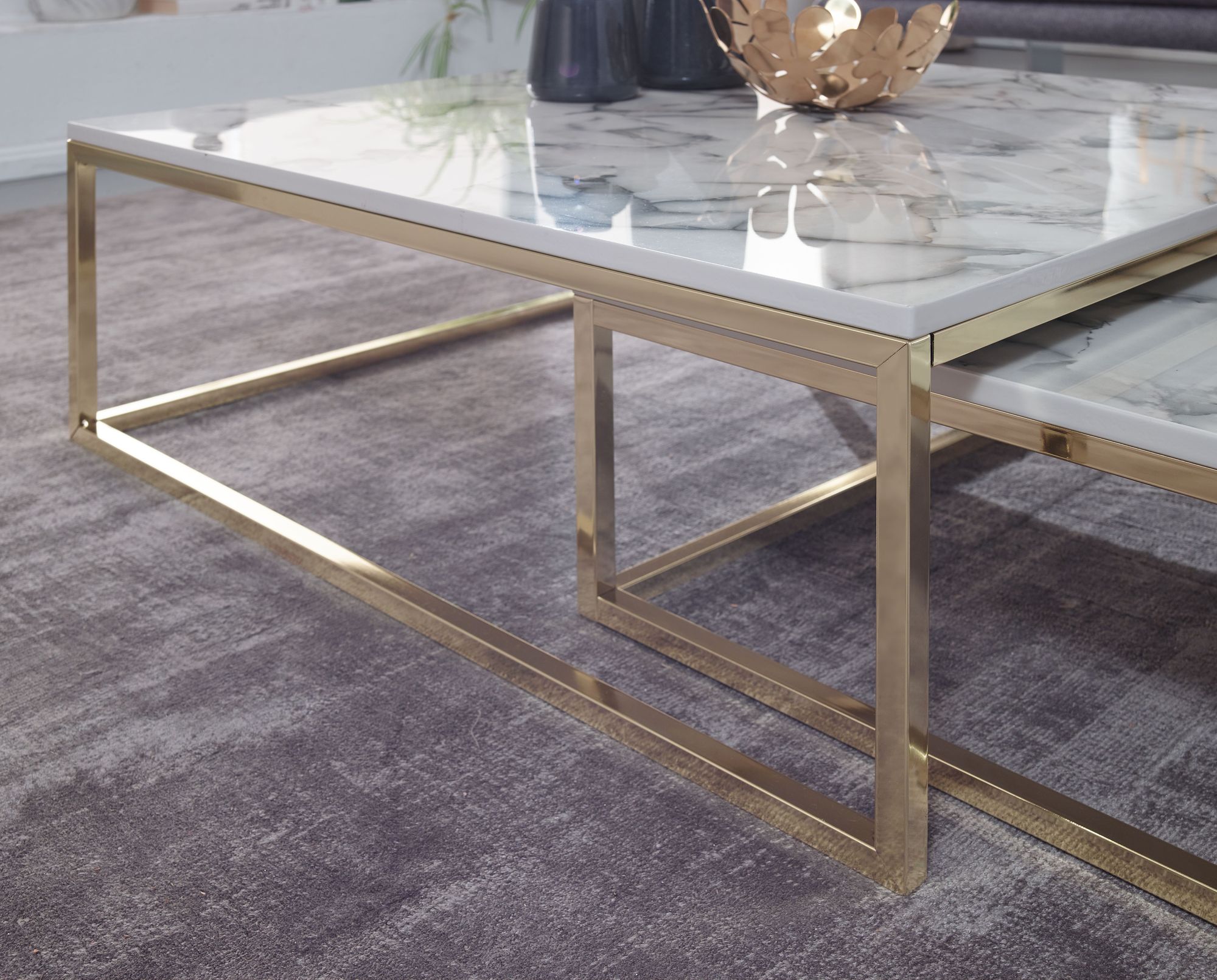 Couchtisch 2er Set FineBuy Satztisch Weiß Marmor Optik Modern Metallgestell – Ansicht 5