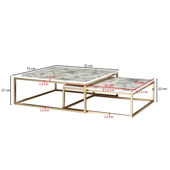Couchtisch 2er Set FineBuy Satztisch Weiß Marmor Optik Modern Metallgestell – Maßzeichnung