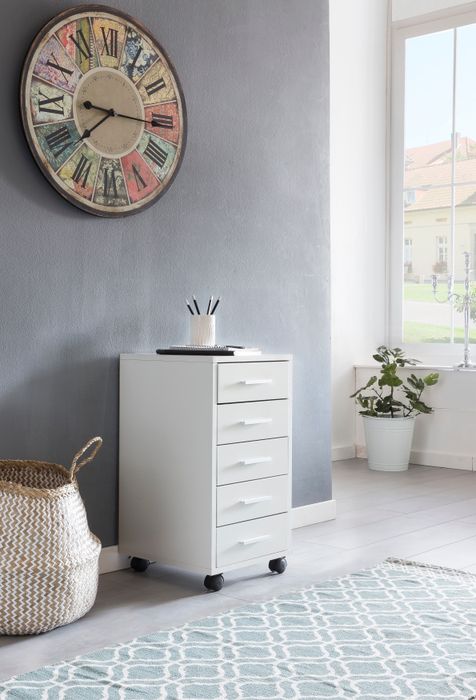 FineBuy Rollcontainer Weiß 33 x 63 x 38 cm Holz Schubladenschrank Schreibtisch, Büro Schrank mit 5 Schubladen, Container Rollschrank klein Standcontainer schmal, Schreibtischcontainer mit Rollen
