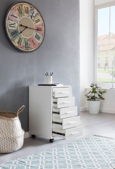 FineBuy Rollcontainer Weiß 33 x 63 x 38 cm Holz Schubladenschrank Schreibtisch, Büro Schrank mit 5 Schubladen, Container Rollschrank klein Standcontainer schmal, Schreibtischcontainer mit Rollen