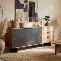 Sideboard FineBuy 175 cm Massivholz Steinoptik Kommode Anrichte Türen Schubladen – Ansicht 1