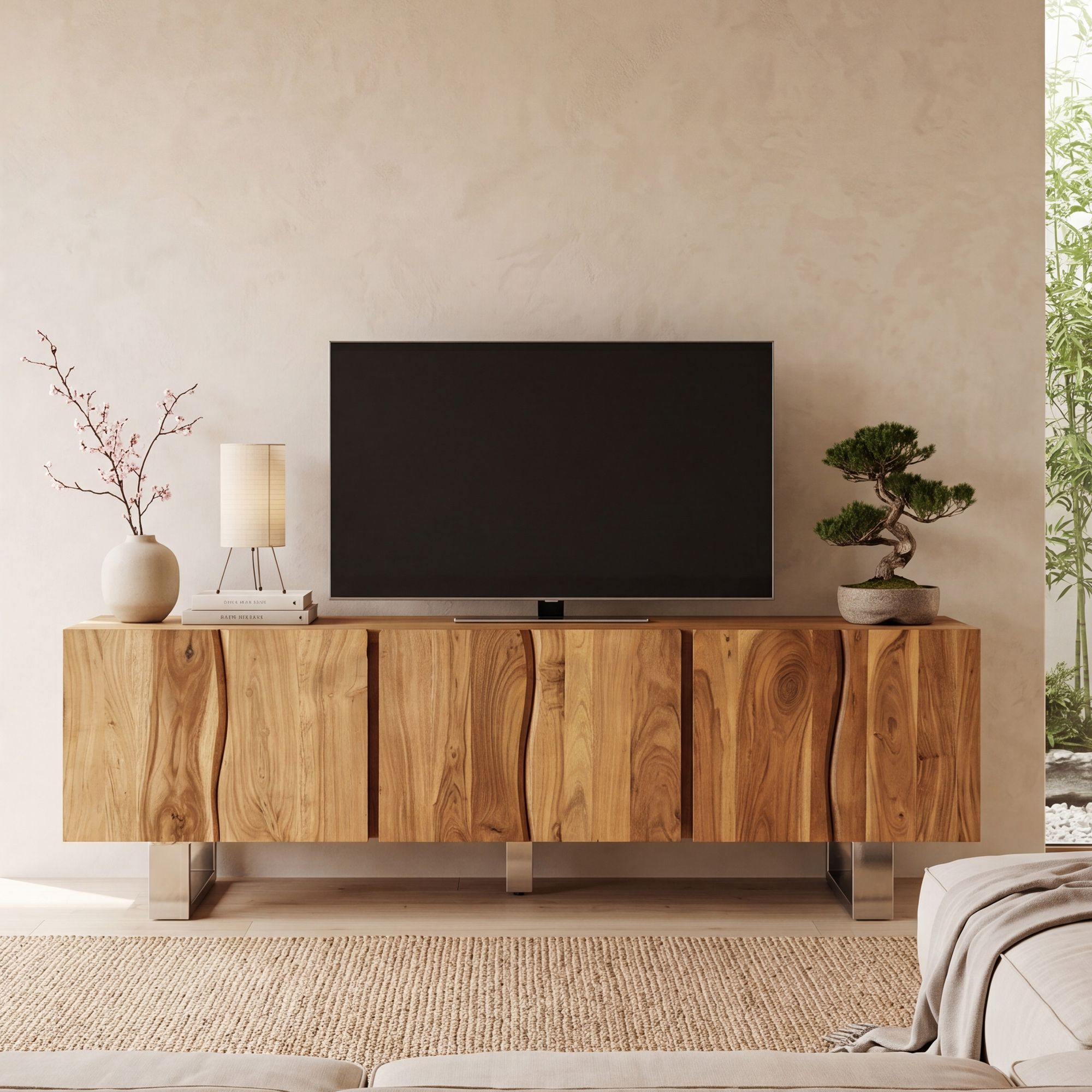 TV Schrank FineBuy Lowboard 160 cm Holz Massiv Fernsehkommode Fernsehschrank – Ansicht 1