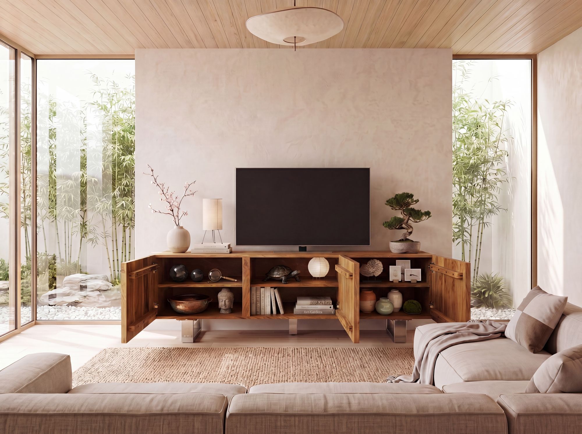 TV Schrank FineBuy Lowboard 160 cm Holz Massiv Fernsehkommode Fernsehschrank – Ansicht 2