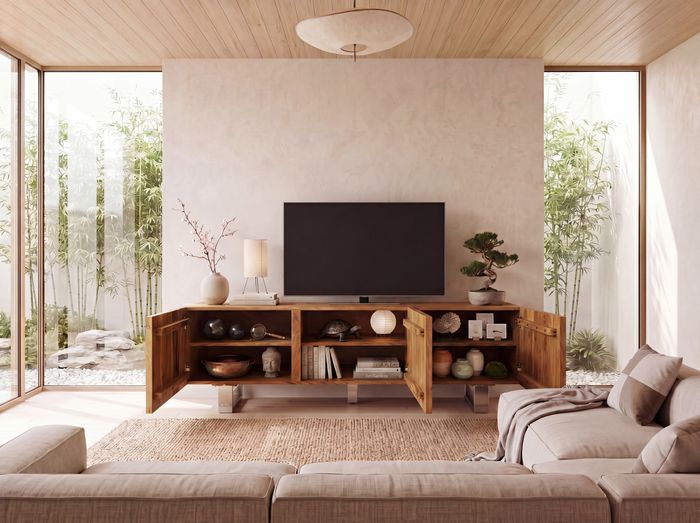 FineBuy Lowboard Akazie Massivholz 160x56x46 cm TV-Kommode mit drei Türen, Design TV-Schrank Hoch, Fernsehtisch Fernsehschrank Modern, Fernsehkommode Wohnzimmer mit Metallbeine