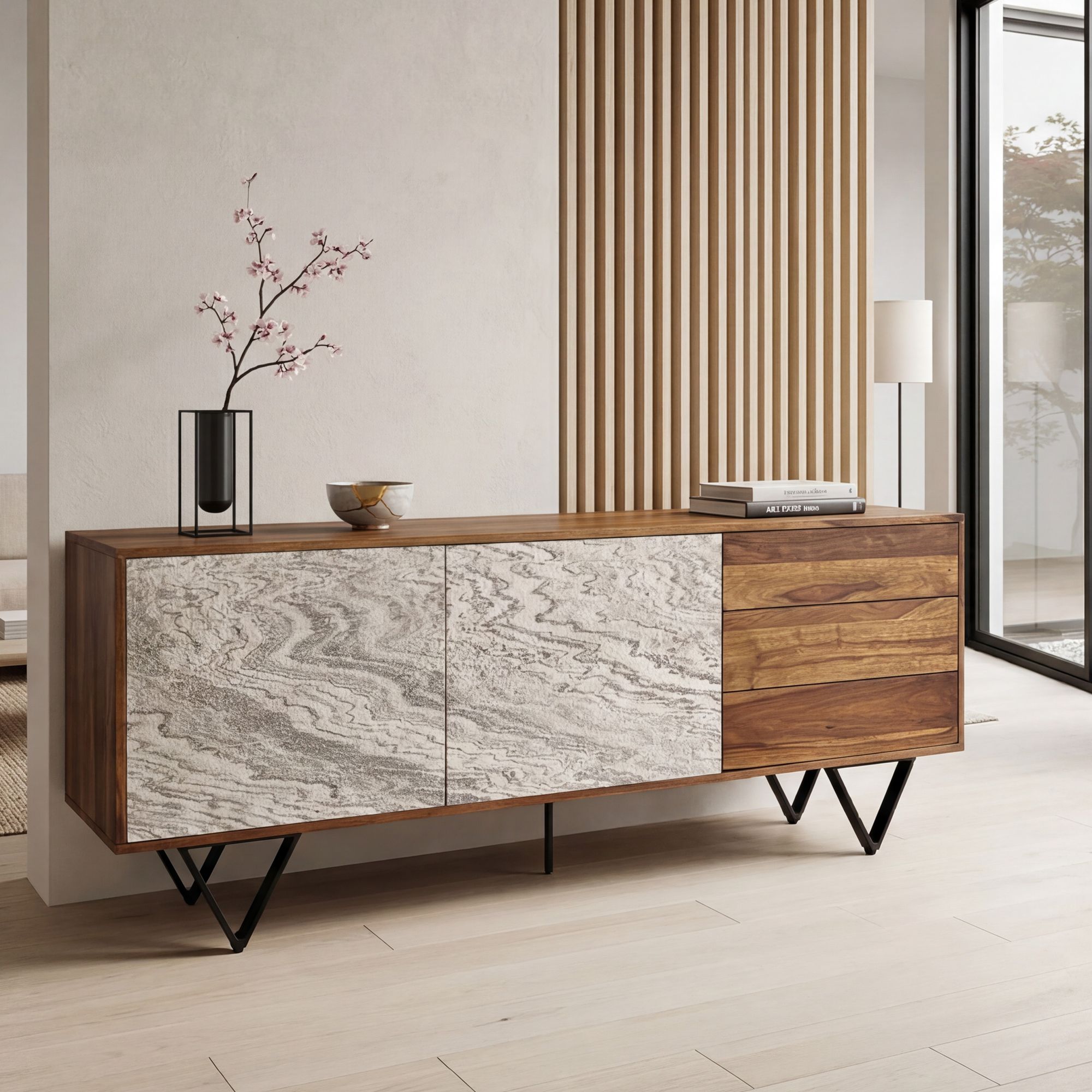 Sideboard FineBuy 175 cm Anrichte Massivholz Steinoptik Kommode Türen Schubladen – Ansicht 1