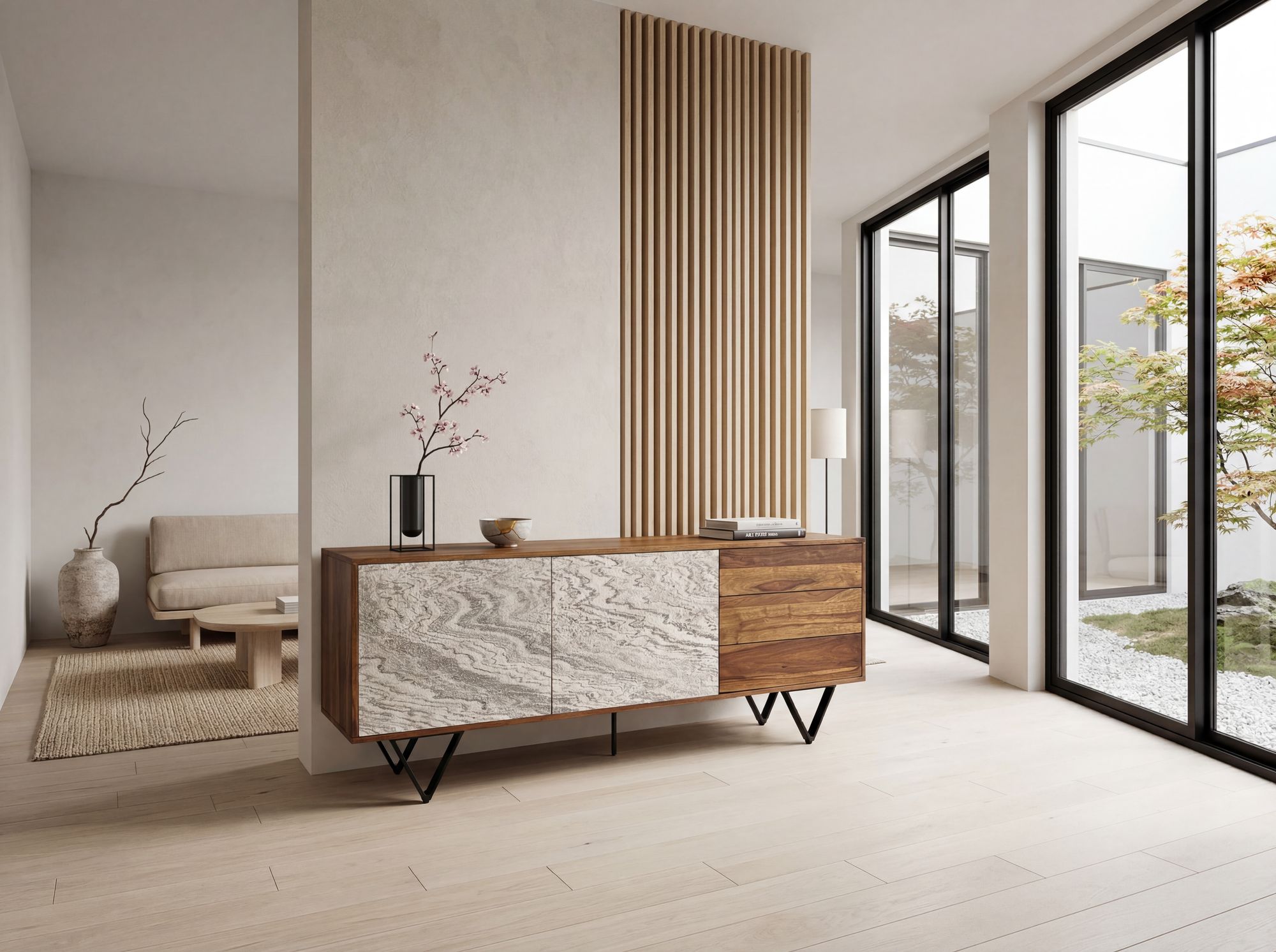 Sideboard FineBuy 175 cm Anrichte Massivholz Steinoptik Kommode Türen Schubladen – Ansicht 4