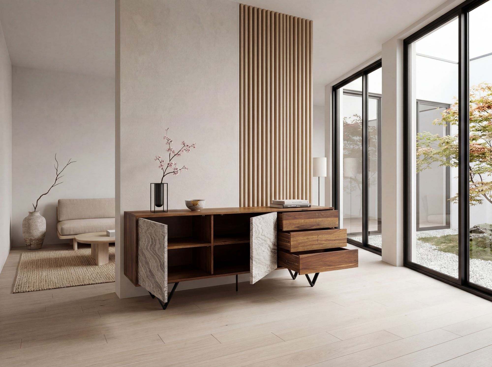 Sideboard FineBuy 175 cm Anrichte Massivholz Steinoptik Kommode Türen Schubladen – Ansicht 2